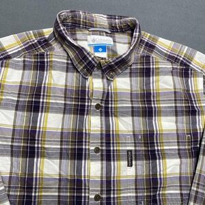 Columbia Shirt Mens 2XL Purple Gray Yellow Plaid Button‎ Down Long Sleeve Cotton
